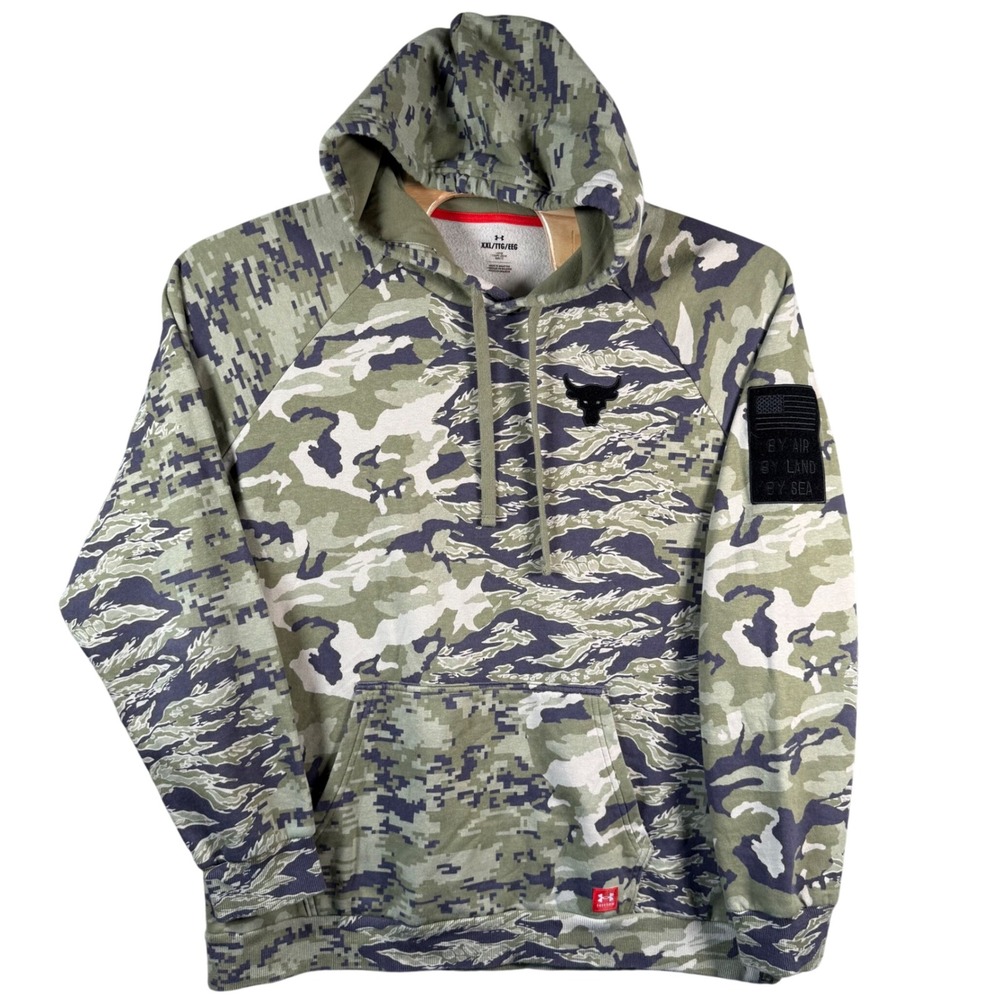 Under Armour Project Rock Hoodie Mens XXL Green Camo Freedom Fleece Pullover